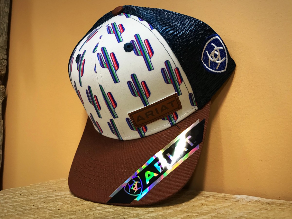 thumbnail image 2 of Ariat Women's Cactus Print Cap - Faux Leather Patch, Mesh Back, Adjustable Snapback, White/Navy 2 of 6