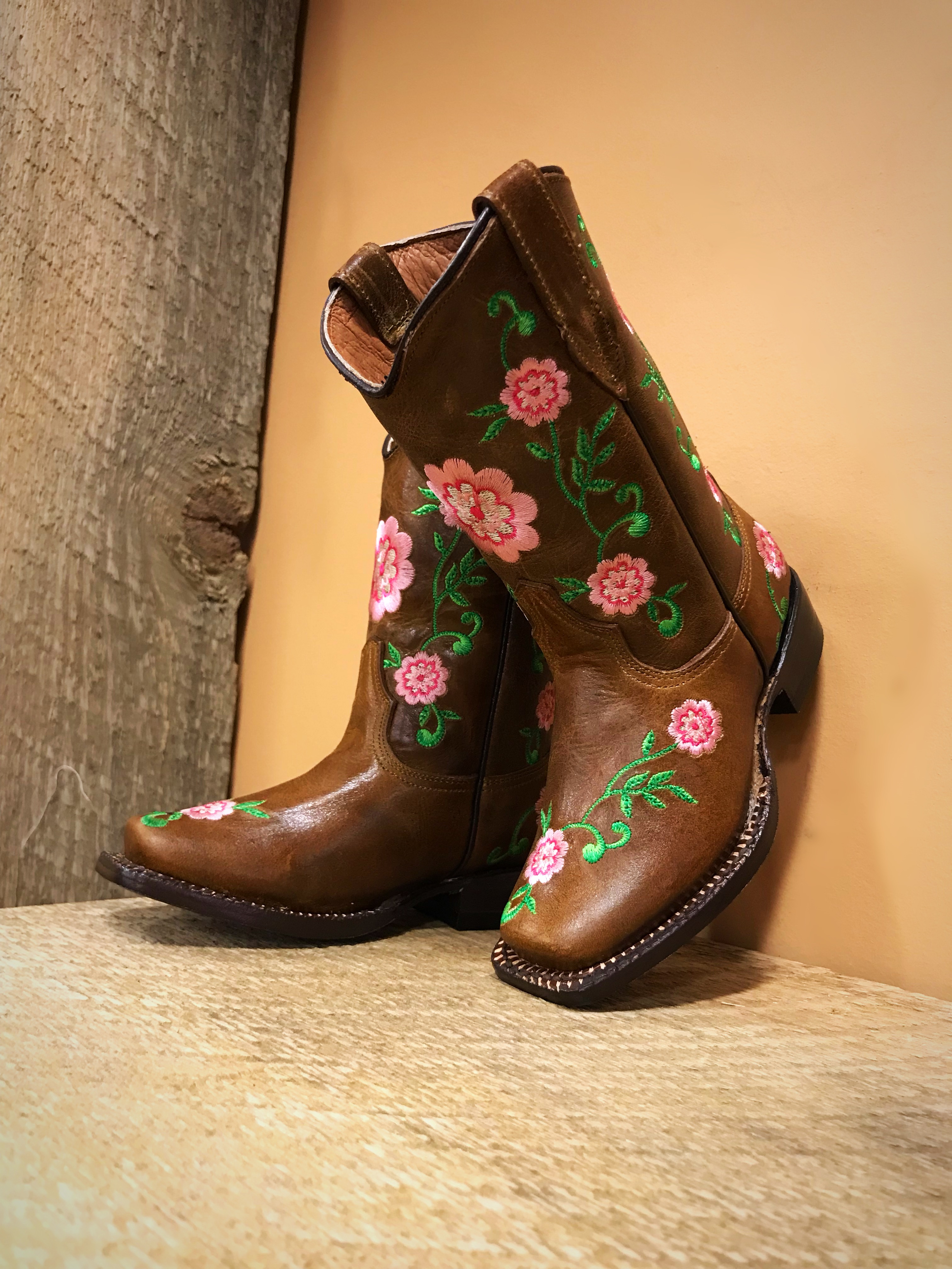 Girls Floral Embroidery Cowgirl Boots ( Brown ) – El Potrerito