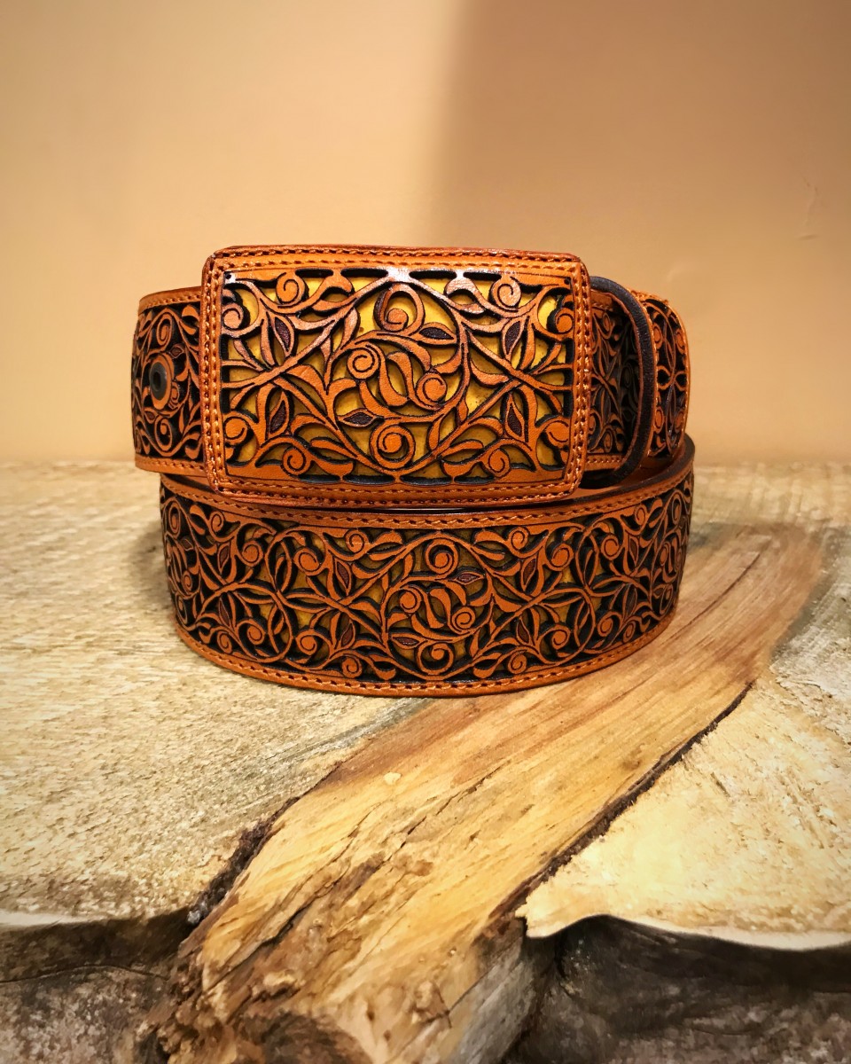 Handmade Vintage Yellow Brown Floral Tooled Leather Mens Belt Carved L