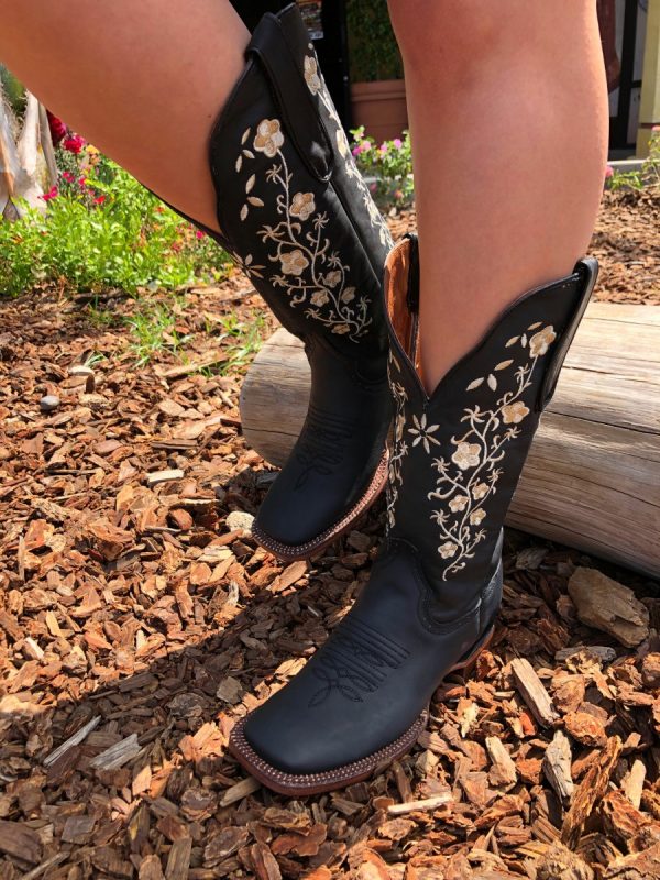 Women’s Floral Embroidery Cowgirl Square Toe Boots ( Black ) – El Potrerito