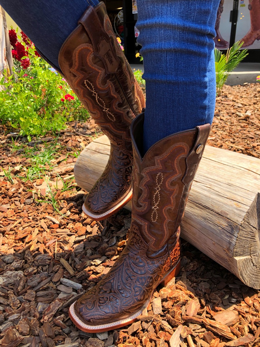 Floral Tooled Square Toe Boots ( Brown 