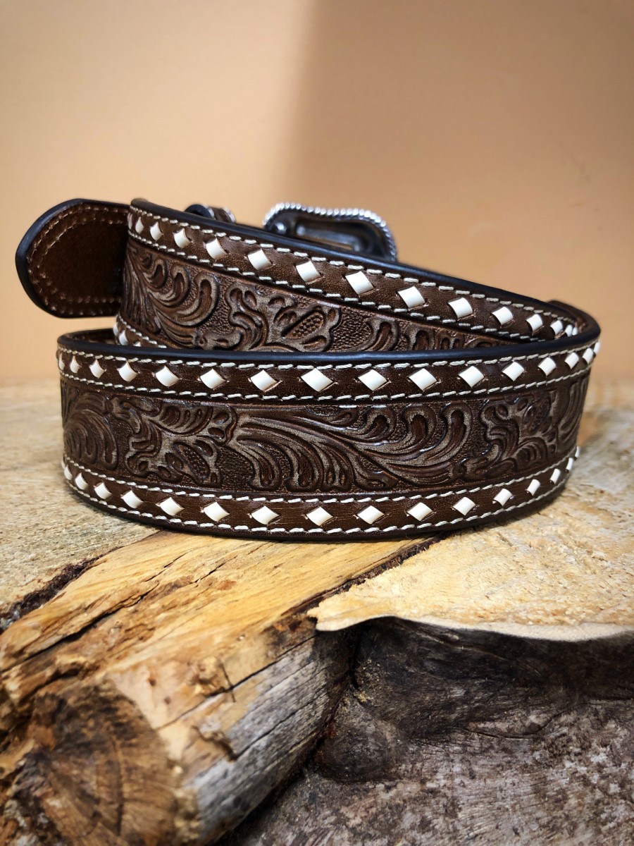NOCONA – Men’s Leather Tooled & Lacing Detail Belt ( Mocha ) – El Potrerito