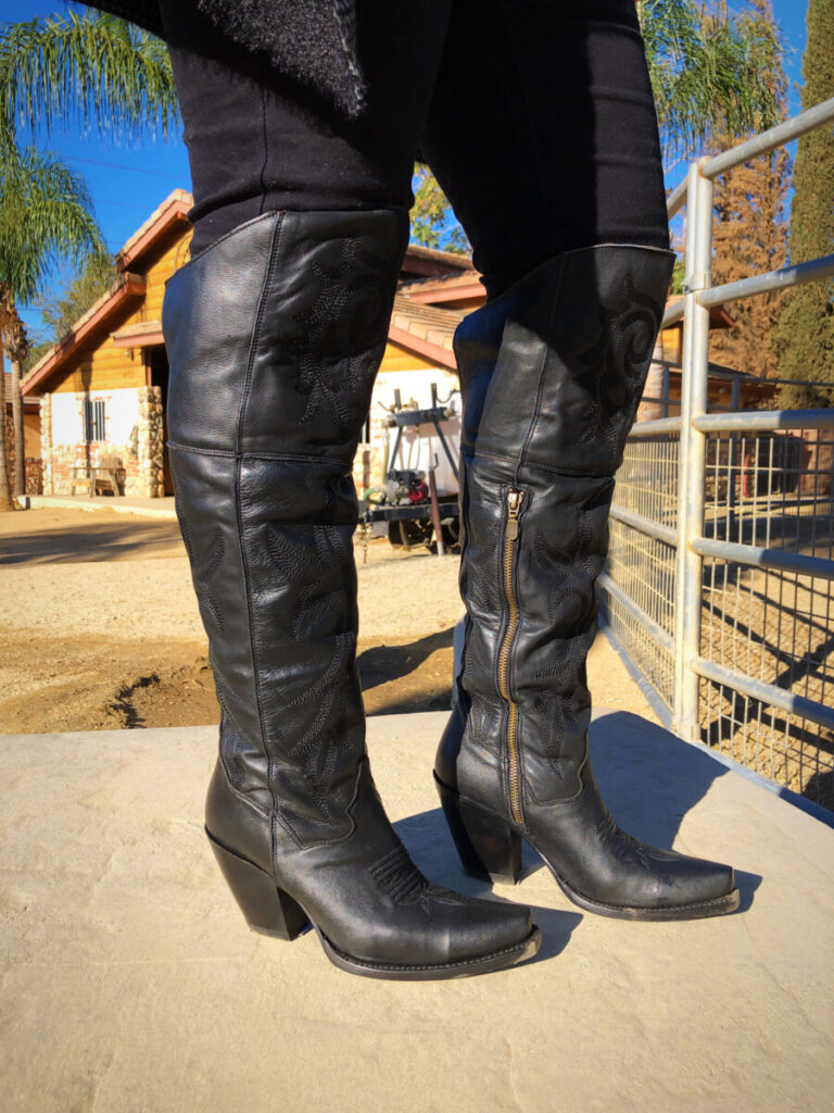 black and white thigh high cowboy boots