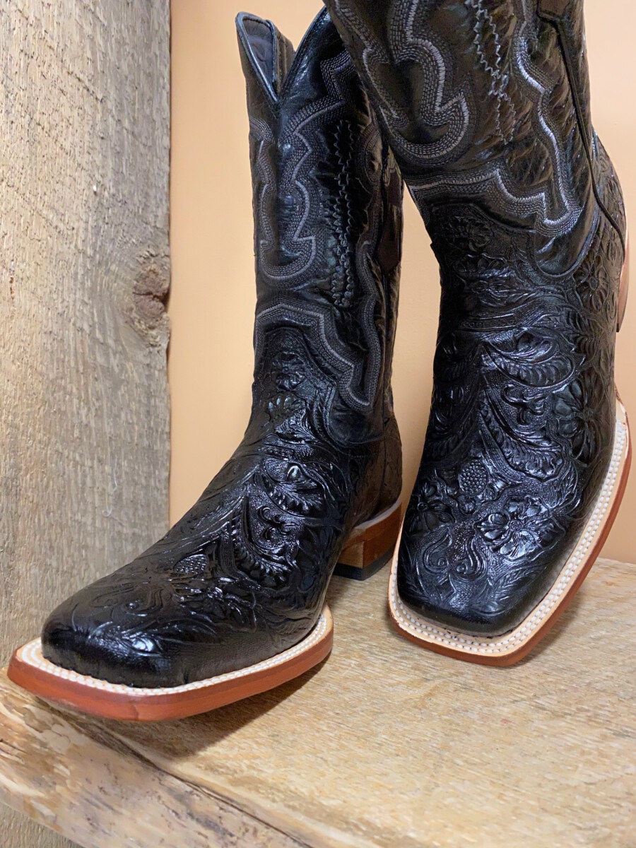 Men Tanner Mark Boots Tooled Print Square Toe Black – El Potrerito