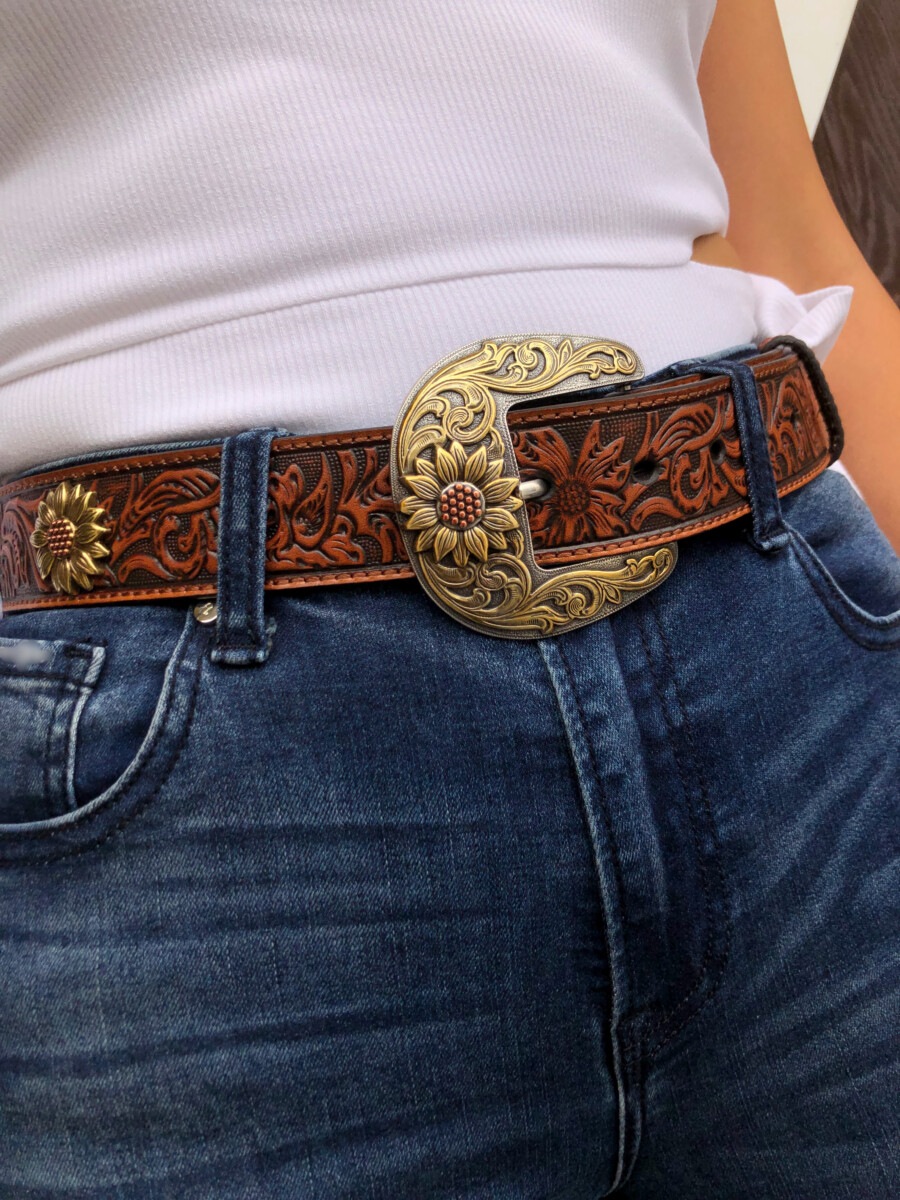 ARIAT- Women's Western Sunflower Leather Belt ( Brown )