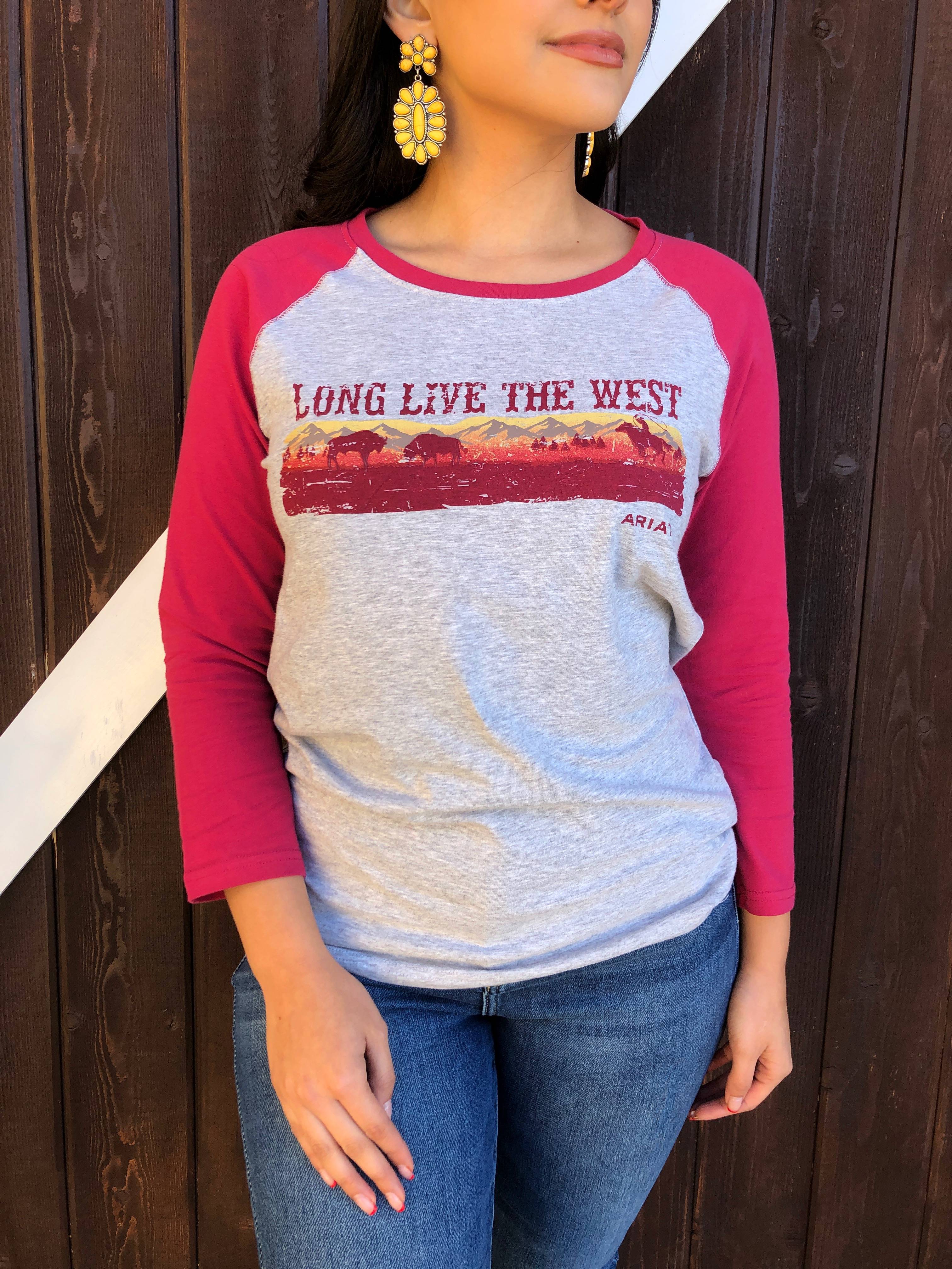 ARIAT - REAL Long Live Baseball Tee ( Heather Grey / Red Bud )