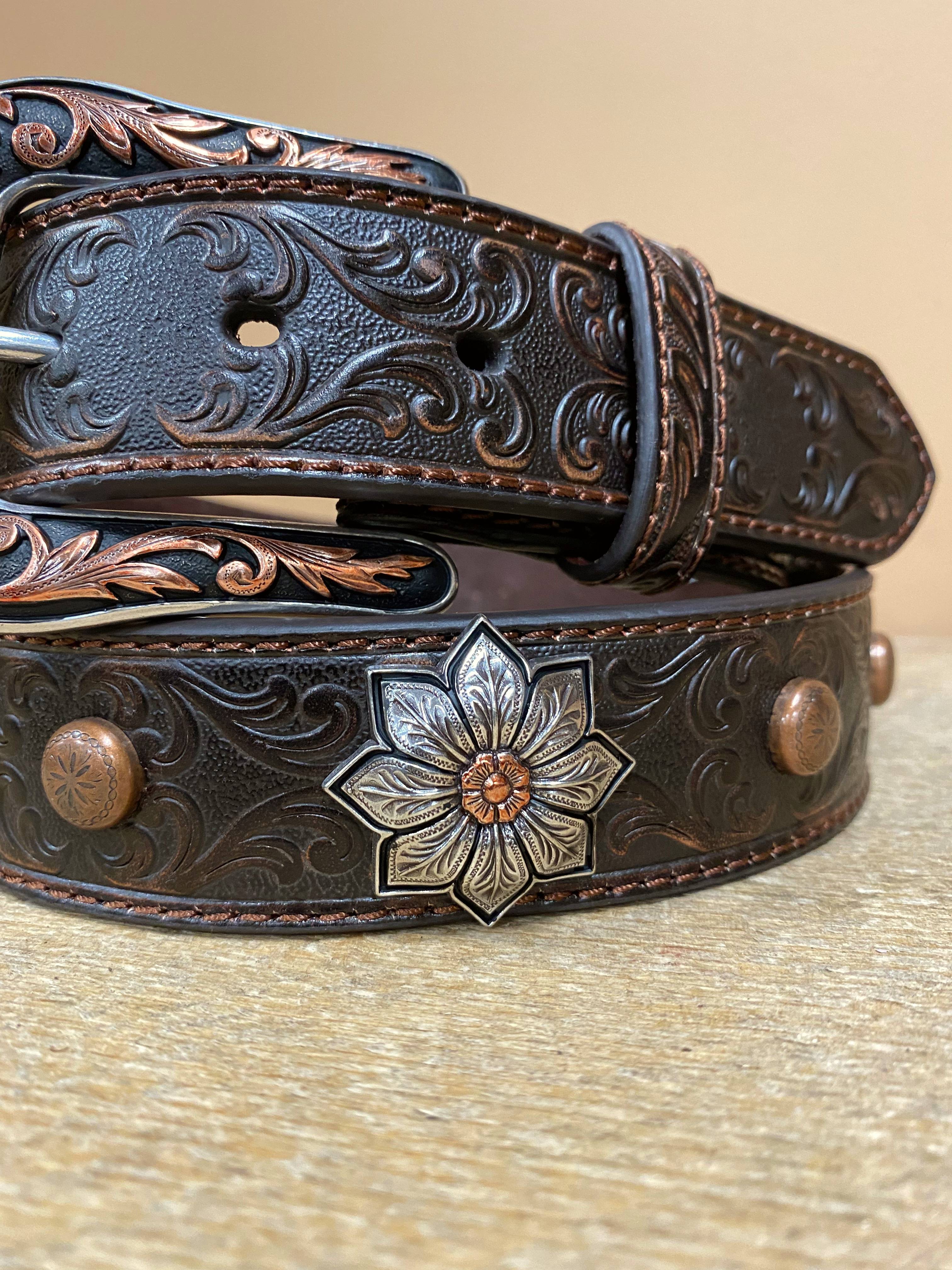 ARIAT- Women’s Western Silver Flower Leather Belt ( Brown ) – El Potrerito